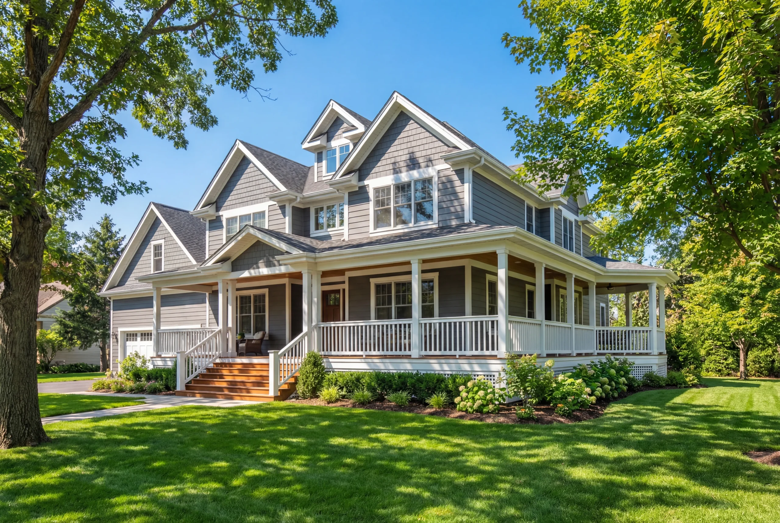 majestic suburban house facade with a charming wrap around porch photo 1